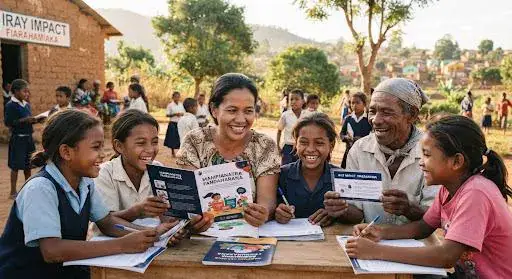 Femme, enfants et ancien partageant la lecture de livrets dans un village de Madagascar