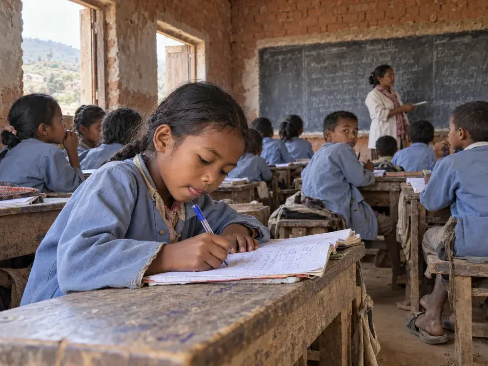 Élève écrivant dans son cahier dans une salle de classe rurale à Madagascar