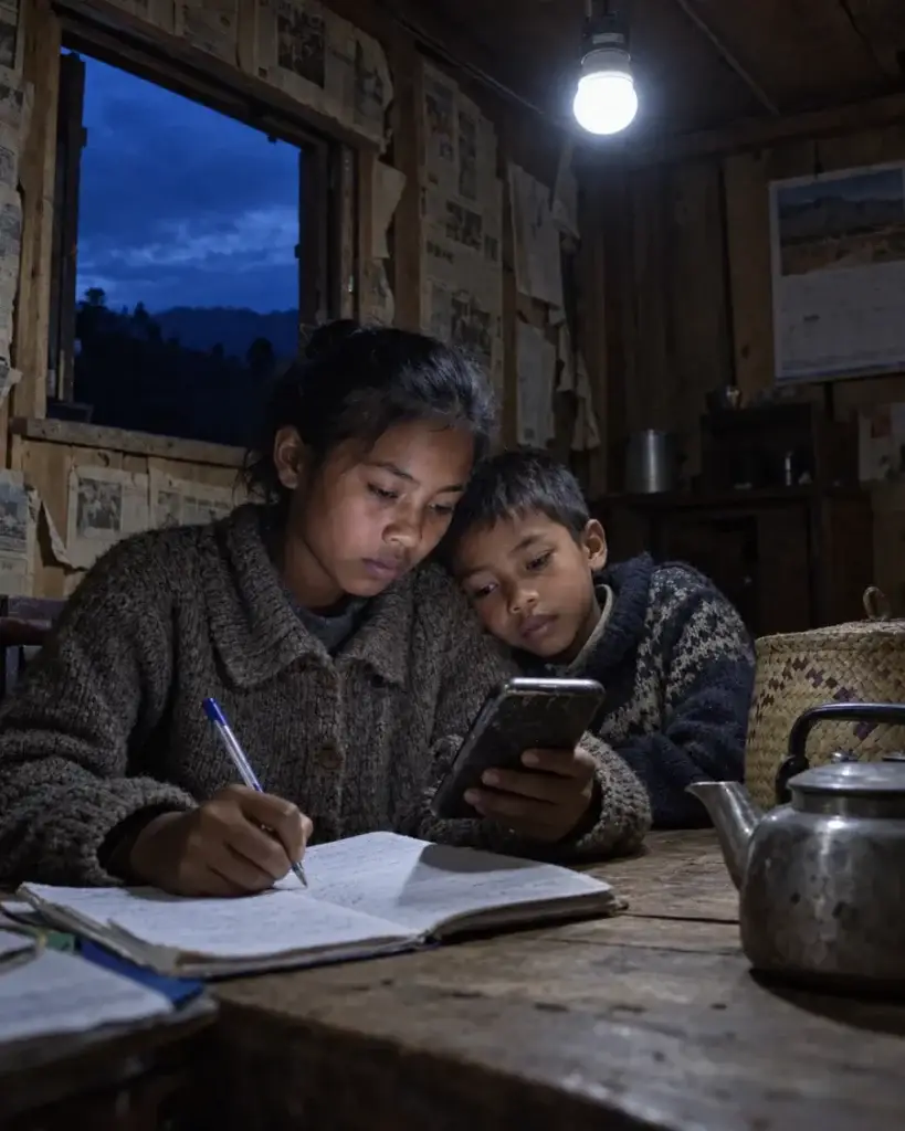Deux enfants étudiant ensemble le soir à la lumière d'une lampe, avec un téléphone et un cahier