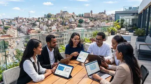 Équipe en réunion sur une terrasse avec vue sur Antananarivo
