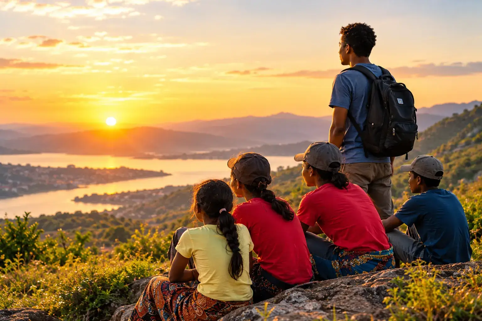 Groupe de jeunes contemplant un coucher de soleil depuis les collines de Madagascar