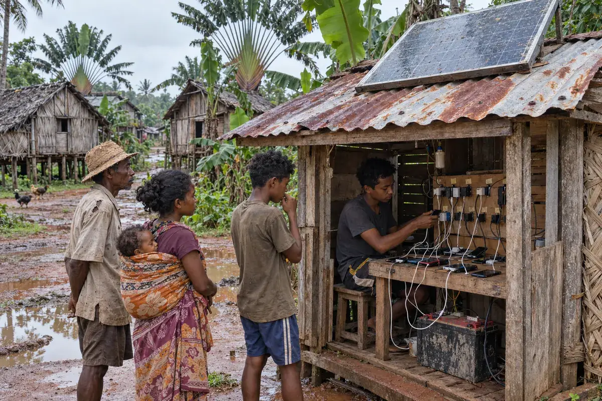 Habitants d'un village côtier rechargeant leurs téléphones à un kiosque solaire