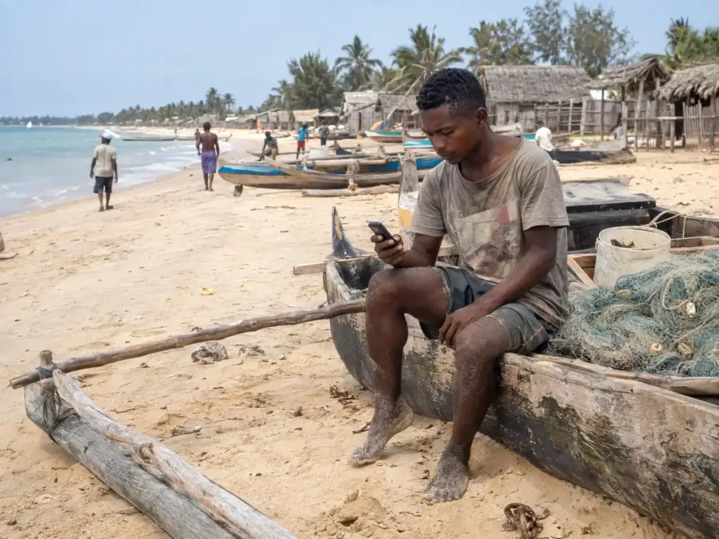 Pêcheur assis sur une pirogue consultant son téléphone sur une plage de Madagascar