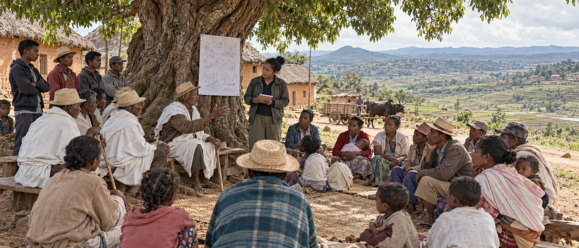 Habitants réunis à l'ombre d'un manguier pour une réunion communautaire dans un village de Madagascar