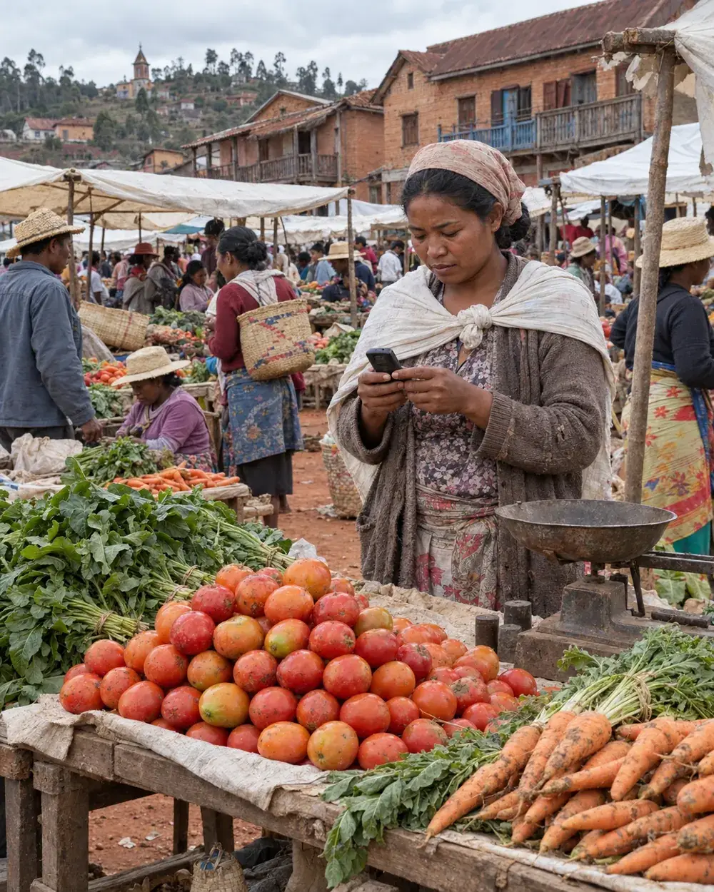 Vendeuse consultant son téléphone derrière son étal de tomates sur un marché rural de Madagascar